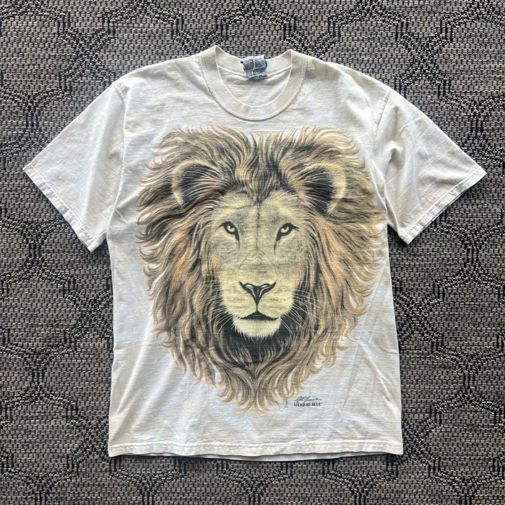 Vintage Liquid Blue T-Shirt Mens Large Beige Lion Africa Nature‎ Animal Tie Dye